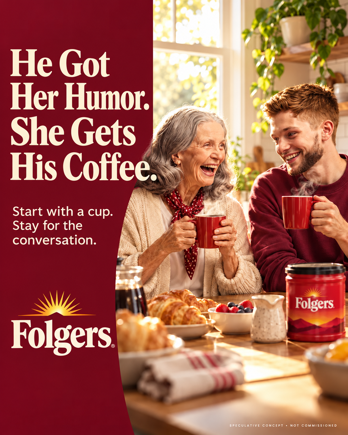 Folgers speculative poster: a grandmother and grandson laughing over red mugs at a breakfast table, headline “He got her humor. She gets his coffee.”