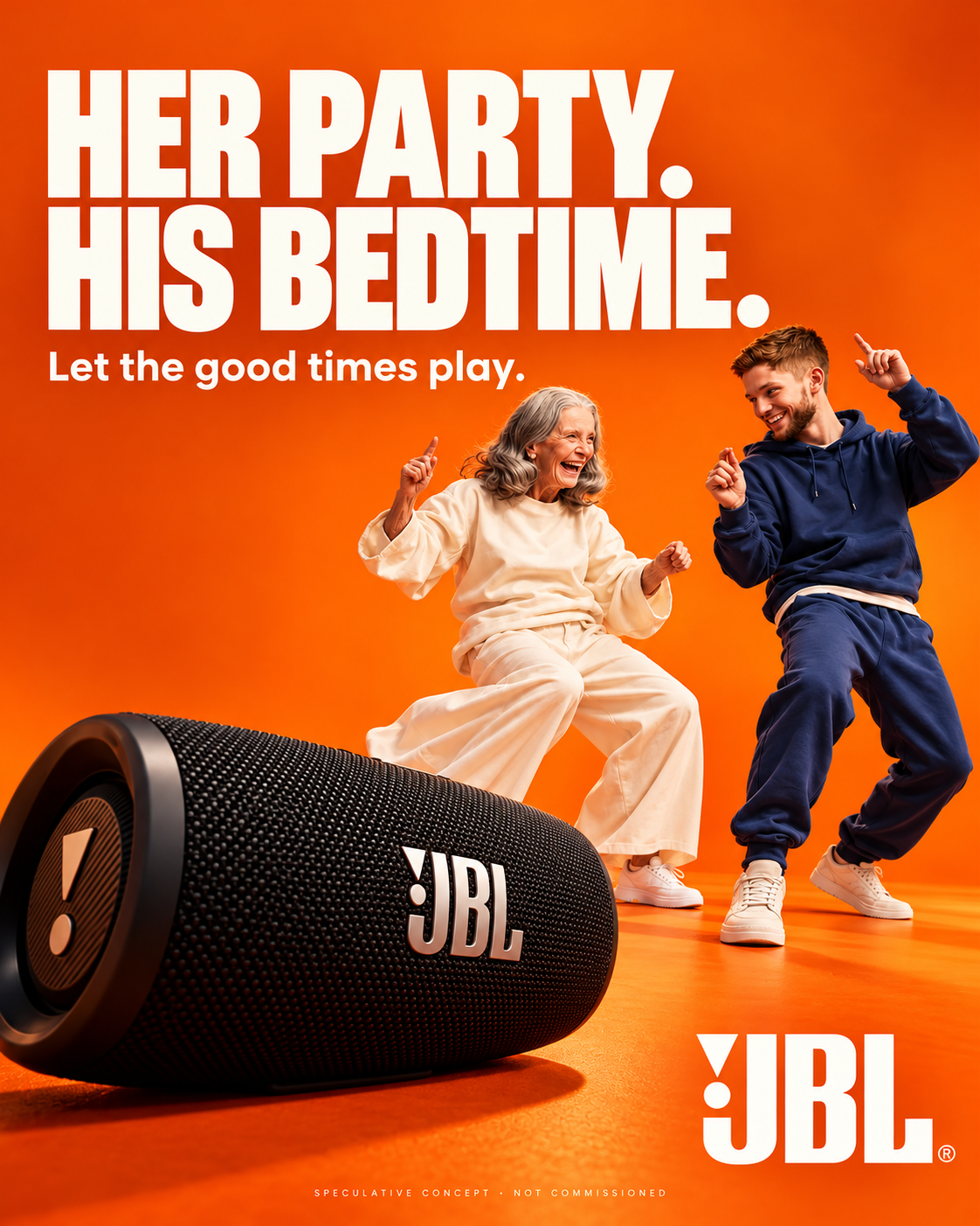JBL speculative poster: a grandmother and grandson dancing on orange beside a large portable speaker, headline “Her party. His bedtime.”