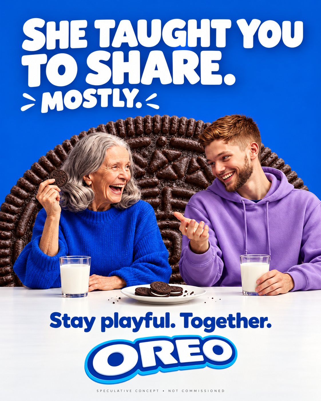 Oreo speculative poster: a grandmother and grandson laughing over cookies and milk, headline “She taught you to share. Mostly.”