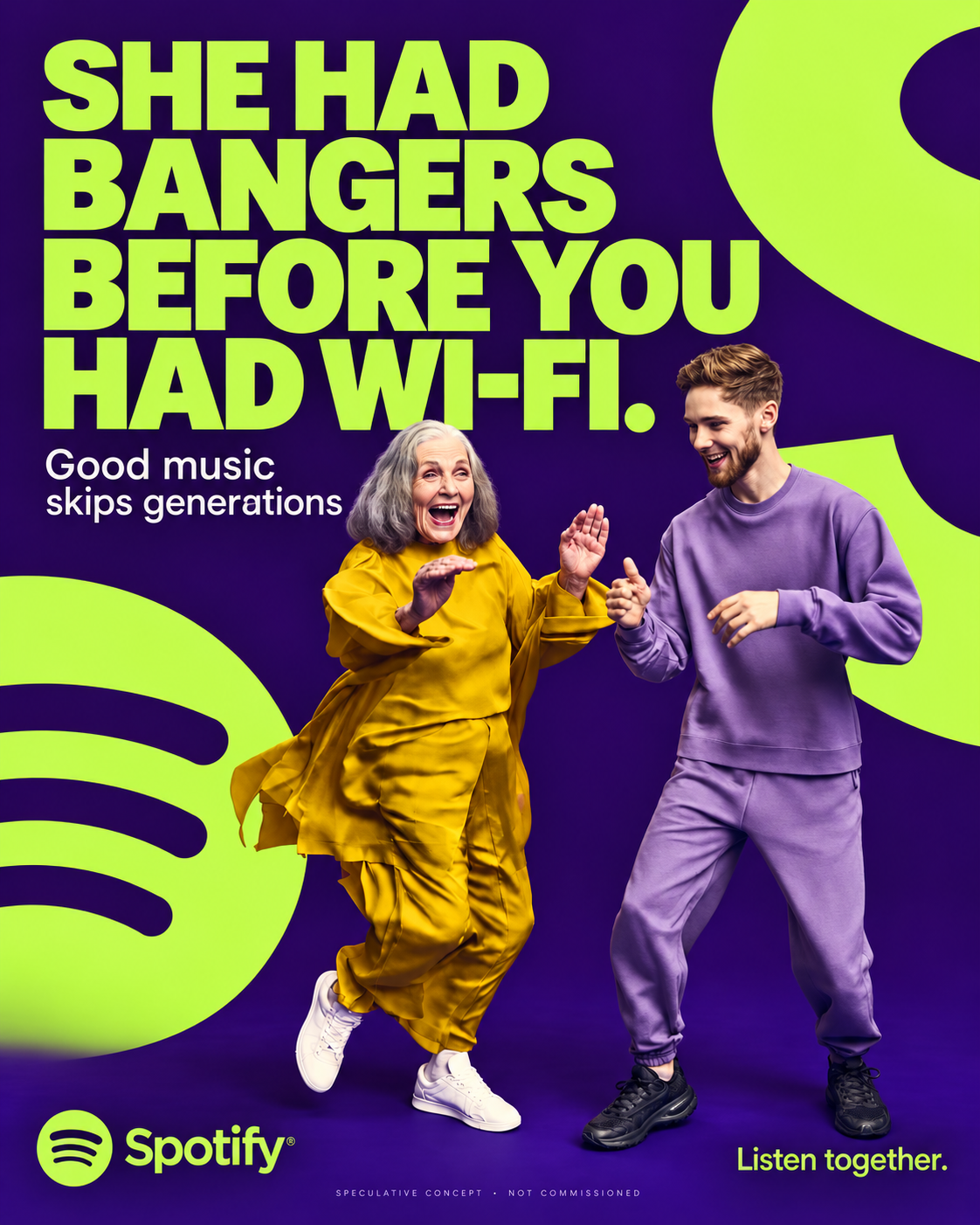 Spotify speculative poster: a grandmother and grandson dancing on violet, headline “She had bangers before you had Wi-Fi.”