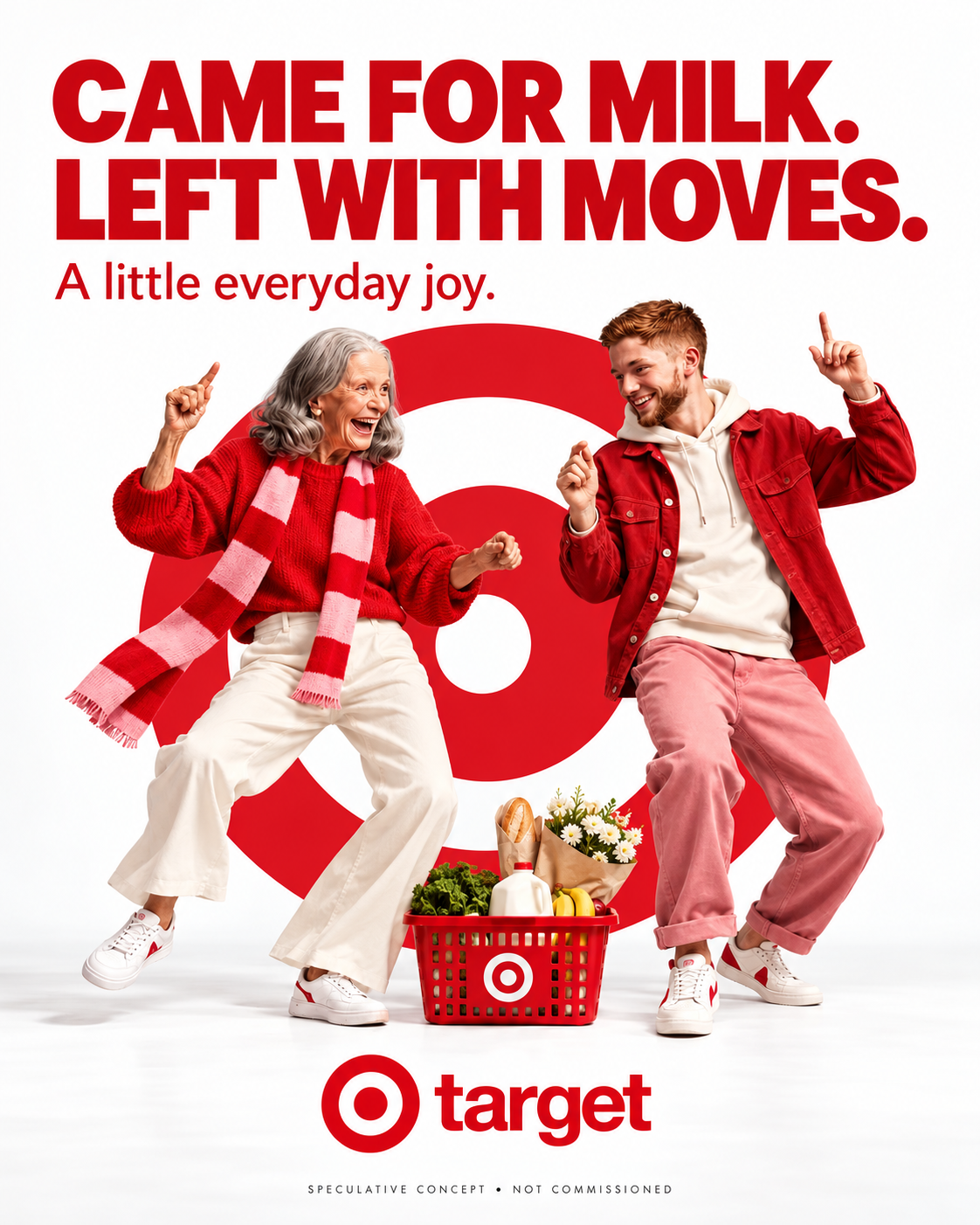 Target speculative poster: a grandmother and grandson dancing in red in front of the bullseye with a shopping basket, headline “Came for milk. Left with moves.”