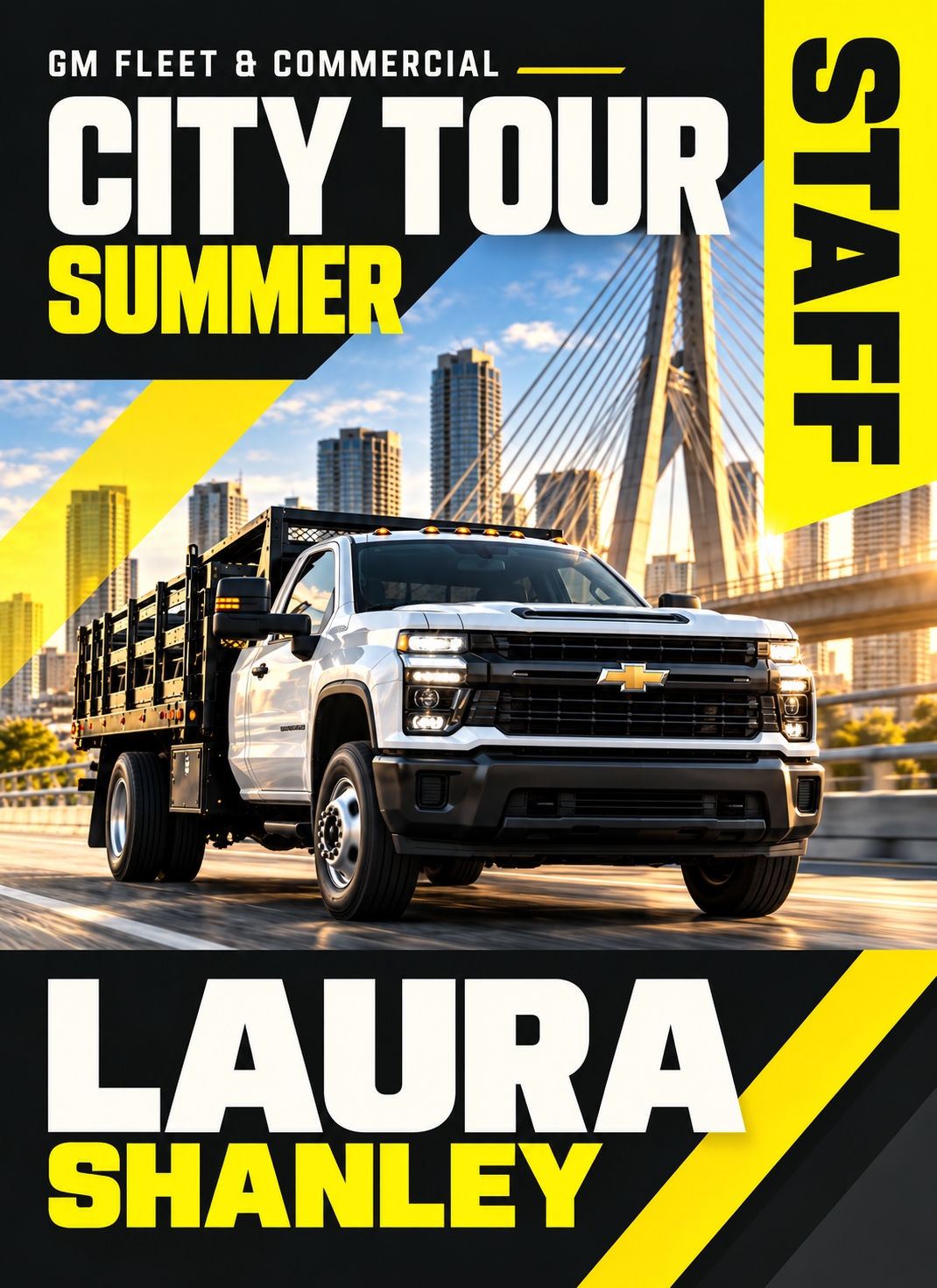 GM Fleet & Commercial City Tour staff credential, event identity design: a Chevrolet chassis-cab truck under a cable-stay bridge with “STAFF” running vertically in yellow