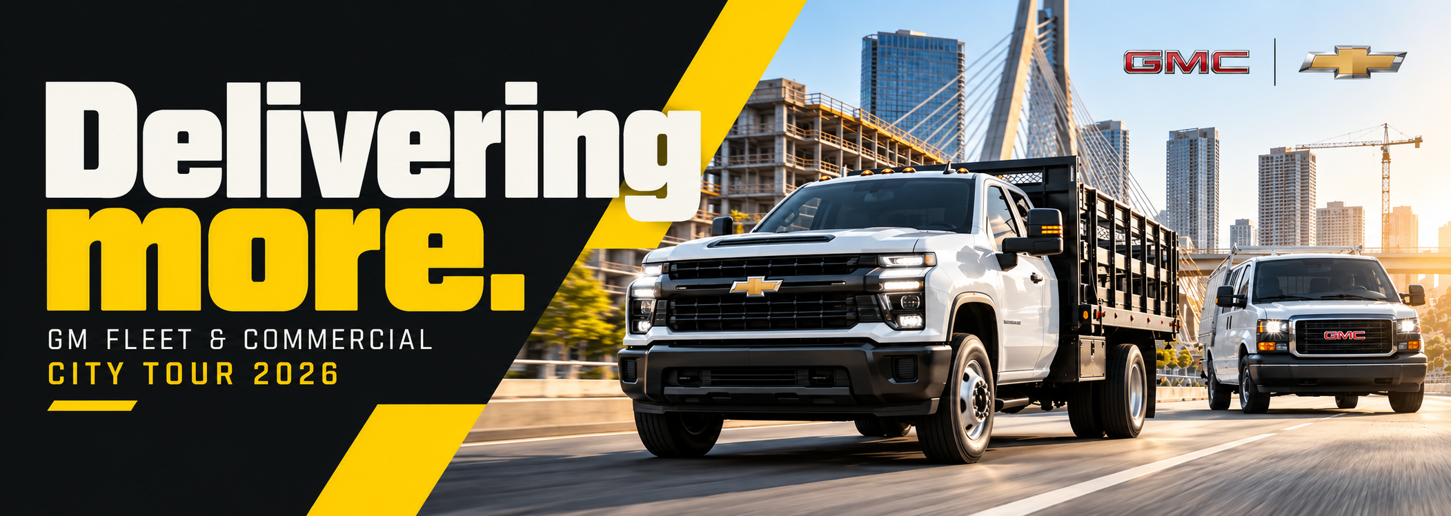 GM Fleet & Commercial City Tour venue banner, automotive event branding: Chevrolet and GMC work trucks in motion beside a black-and-yellow diagonal and the headline “Delivering more.”