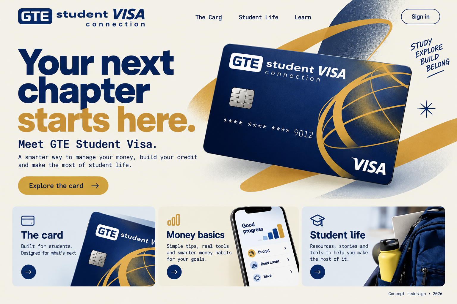 GTE Student Visa website homepage, digital design for a student credit card: an angled Visa card with a lime swoosh, headline “Your next chapter starts here.” and three content tiles