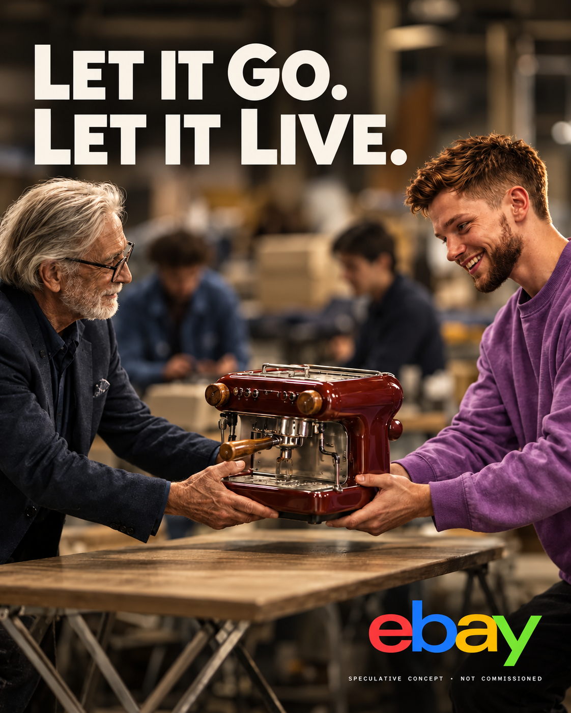 eBay speculative poster: an older man handing a red espresso machine to a young man in a workshop, headline “Let it go. Let it live.”