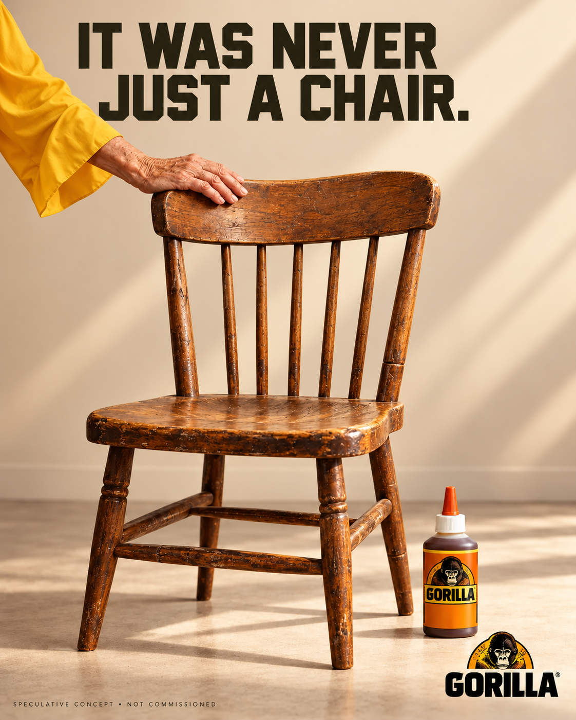 Gorilla Glue speculative poster: a worn wooden chair with a hand resting on its back and a bottle of glue on the floor, headline “It was never just a chair.”
