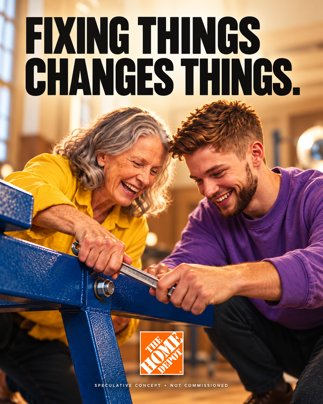 The Home Depot speculative poster: a grandmother and grandson tightening a bolt on a blue steel frame together, headline “Fixing things changes things.”