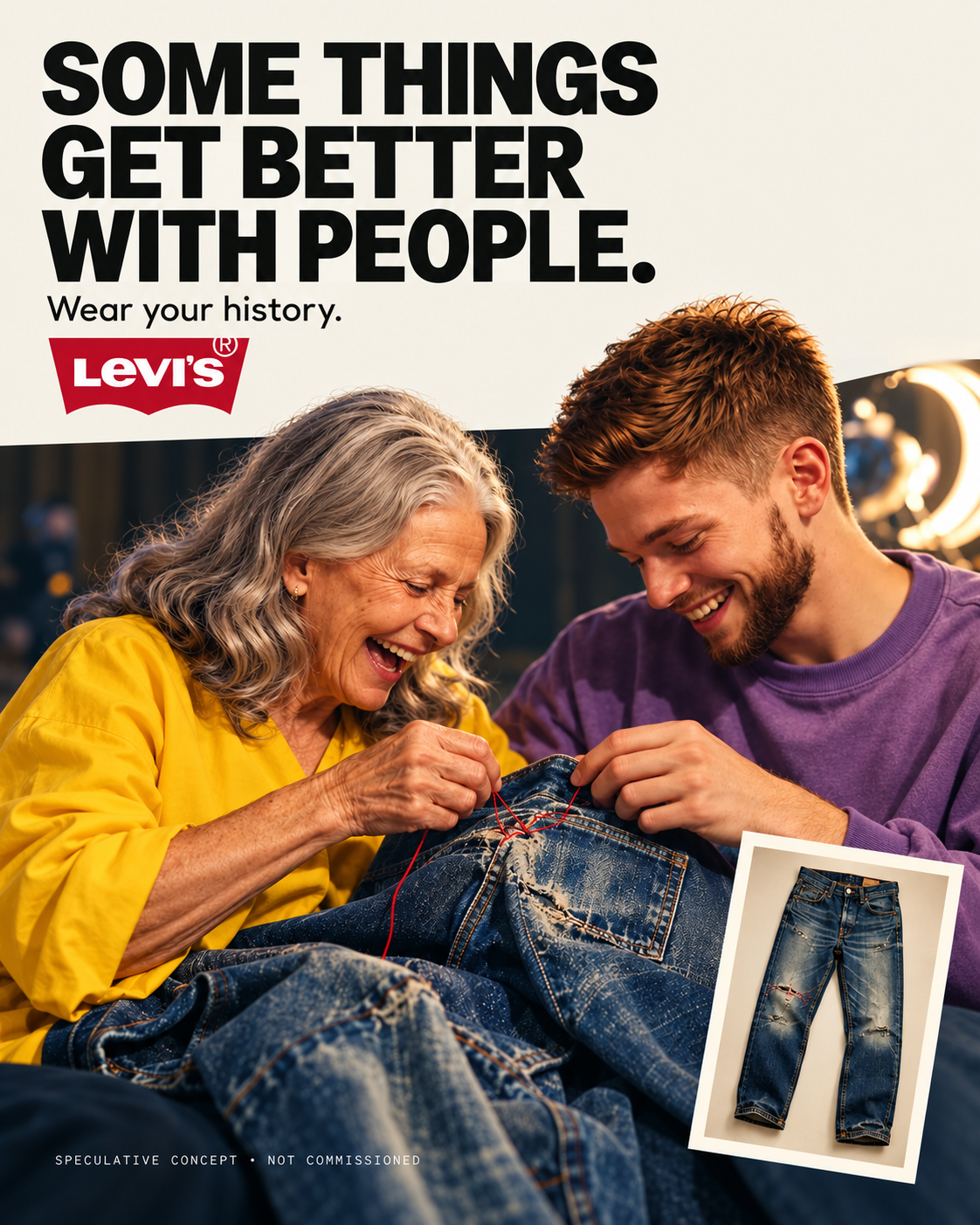 Levi’s speculative poster: a grandmother mending a pair of jeans while her grandson laughs beside her, headline “Some things get better with people.”