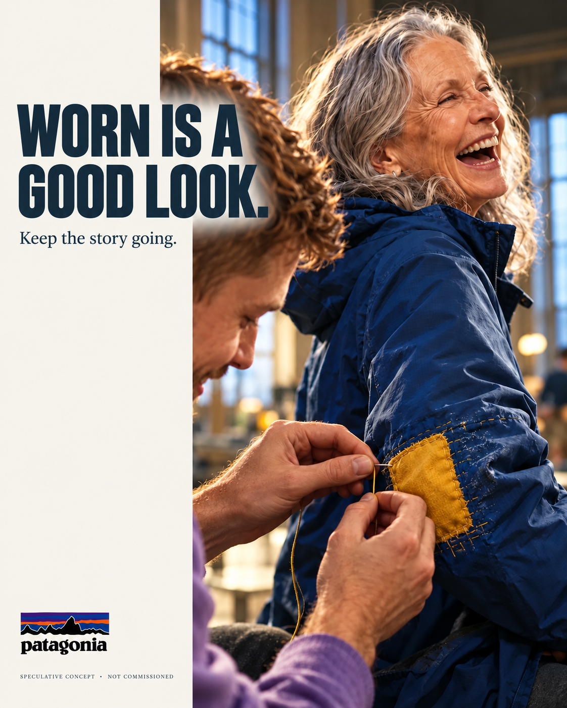 Patagonia speculative poster: a young man sewing a yellow patch onto a laughing woman’s jacket sleeve, headline “Worn is a good look.”