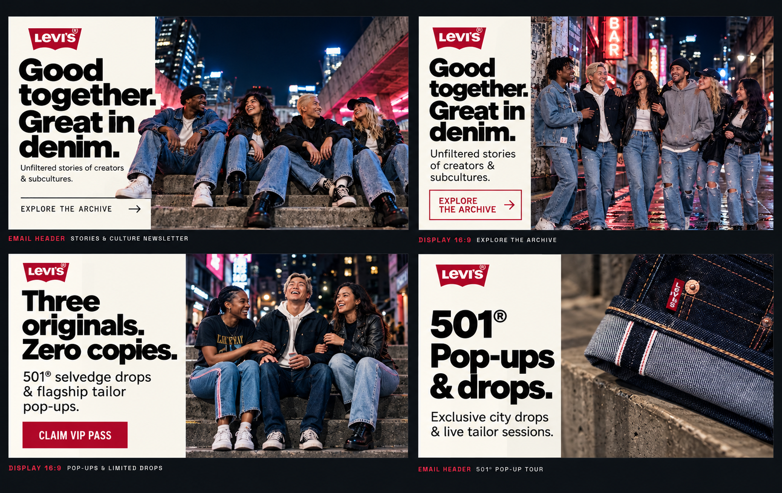 Levi's 501 Originals display and email concept: two 16:9 display banners and two email headers for the Stories & Culture and Pop-ups & Limited Drops pillars