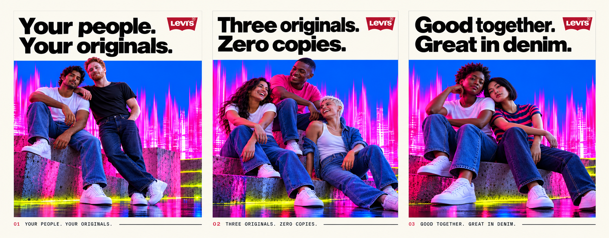 Levi's 501 Originals poster series concept, three square ads on one neon set: “Your people. Your originals.”, “Three originals. Zero copies.” and “Good together. Great in denim.”