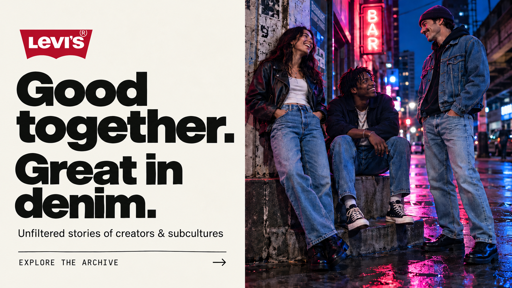 Levi's 501 Originals speculative campaign key visual, apparel art direction by Kevin Halstead: three friends in 501 jeans under a neon-lit underpass beside the stacked headline “Good together. Great in denim.”