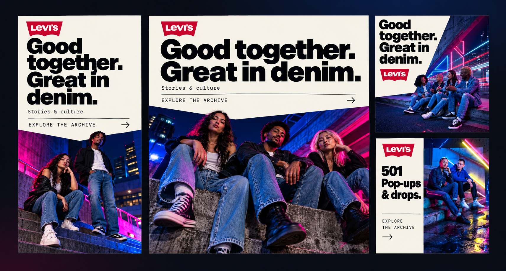 Levi's 501 Originals social campaign concept: a vertical story, a Stories & Culture feed post, a neon crew variant and a Drop 01 countdown card