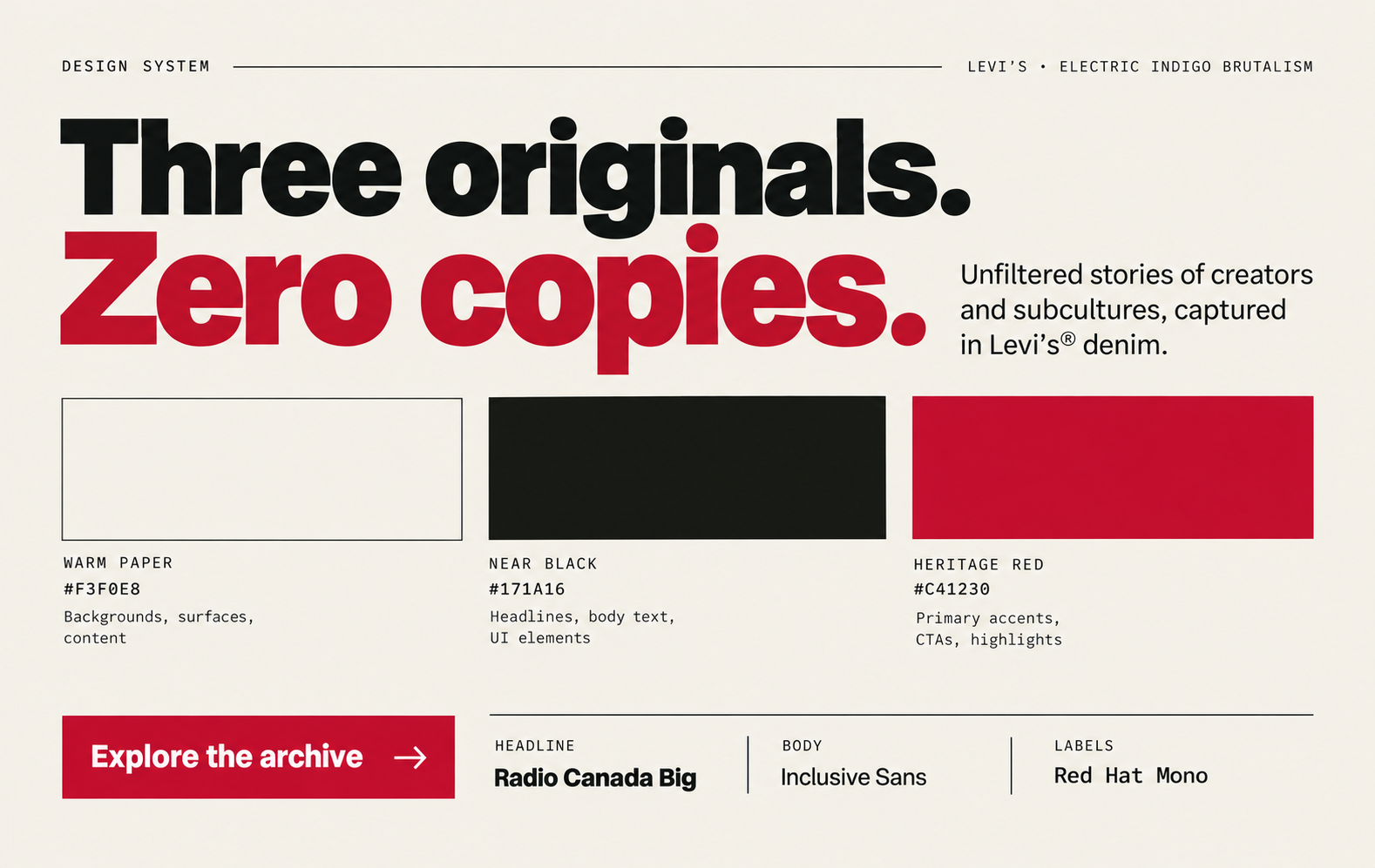Electric Indigo Brutalism design system board for the Levi's 501 concept: Anton headline specimen, cobalt, magenta, lime and red swatches, and square-cornered buttons and badges