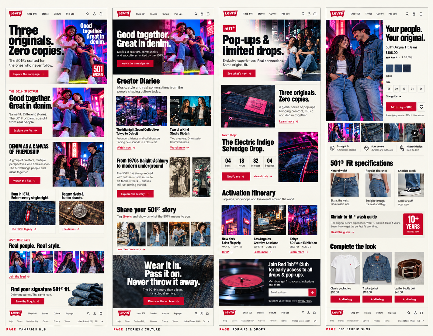 Levi's 501 Originals campaign website concept, four page designs: campaign hub, Stories & Culture, Pop-ups & Drops with a tour itinerary, and a 501 Studio product page