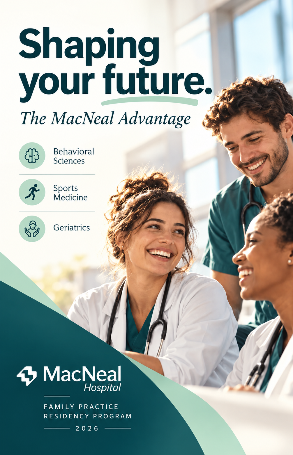 MacNeal Hospital family practice residency recruitment cover, healthcare marketing design: three laughing residents beside program focus areas above a teal curve