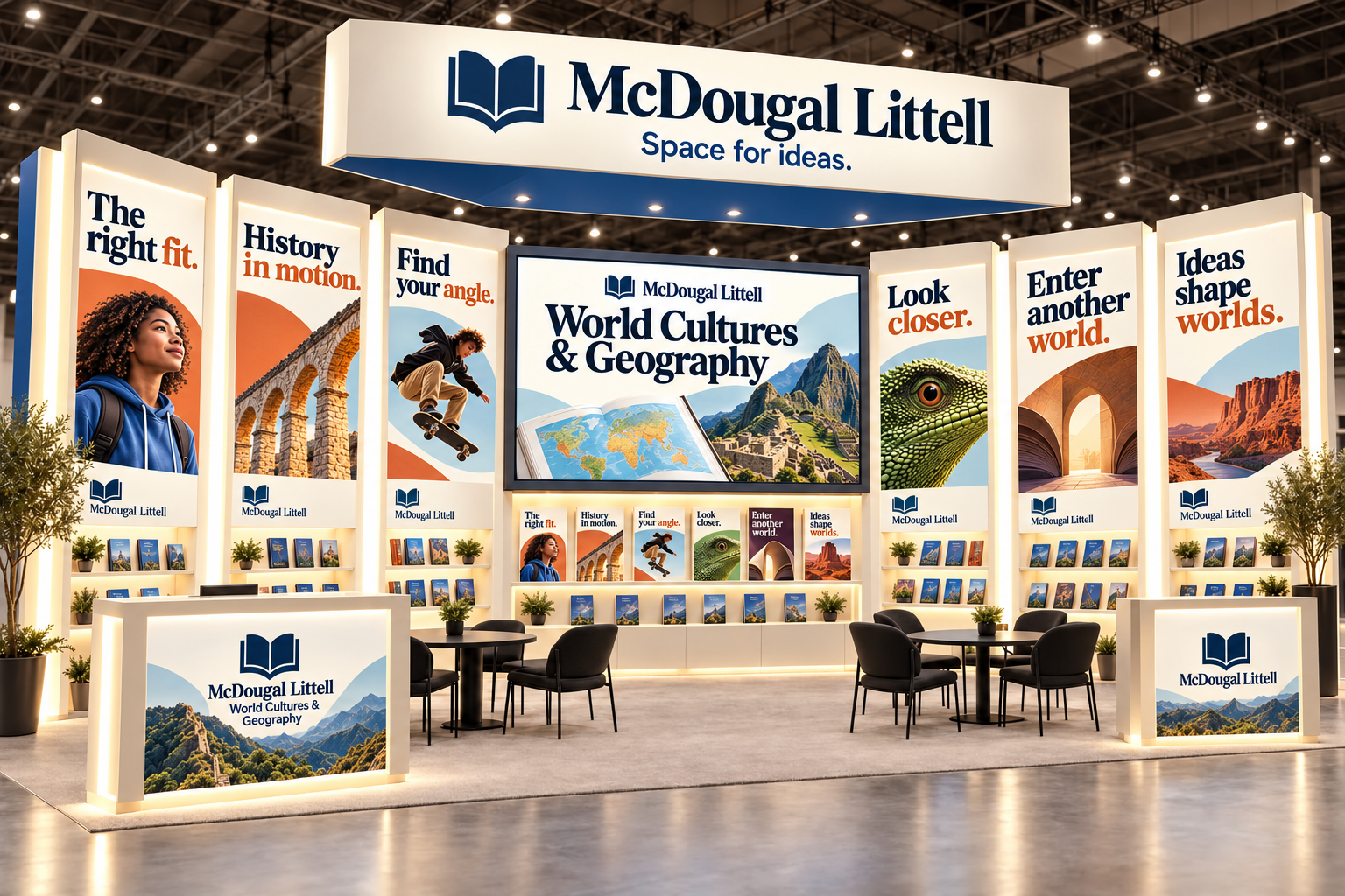 Speculative 2026 McDougal Littell trade-show exhibit concept: a white island booth under a “Space for ideas” header, with subject panels, a central screen, shelving and meeting tables.