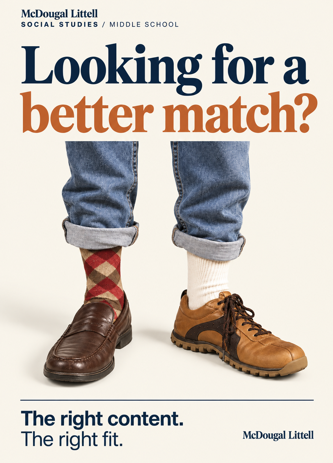 McDougal Littell middle school social studies trade ad, educational publishing marketing design: mismatched socks and shoes under the headline “Looking for a better match?”