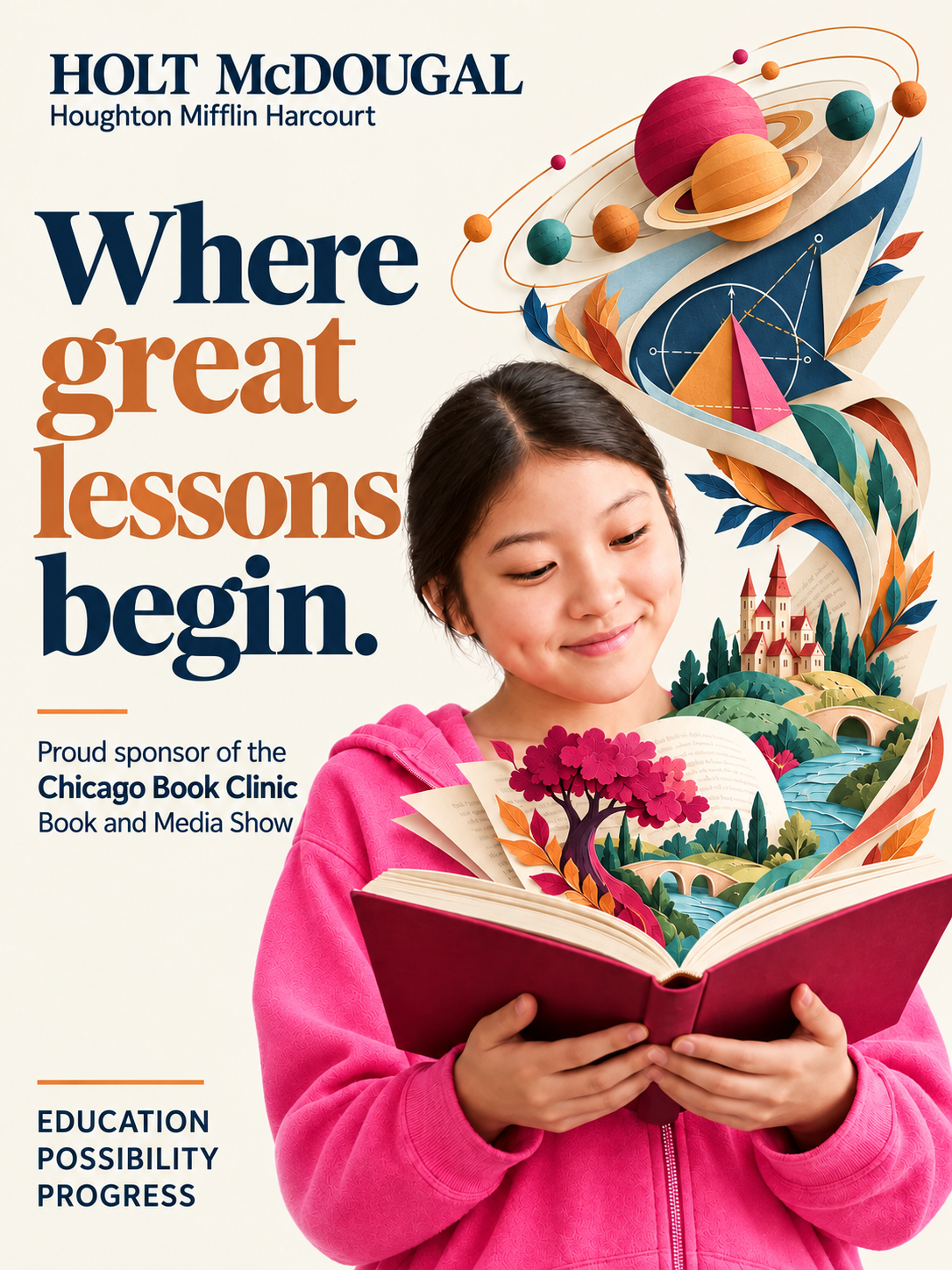 Holt McDougal sponsorship poster for the Chicago Book Clinic Book and Media Show, educational brand art direction: a student reading as a paper-cut world of planets, castle and rivers rises from the book