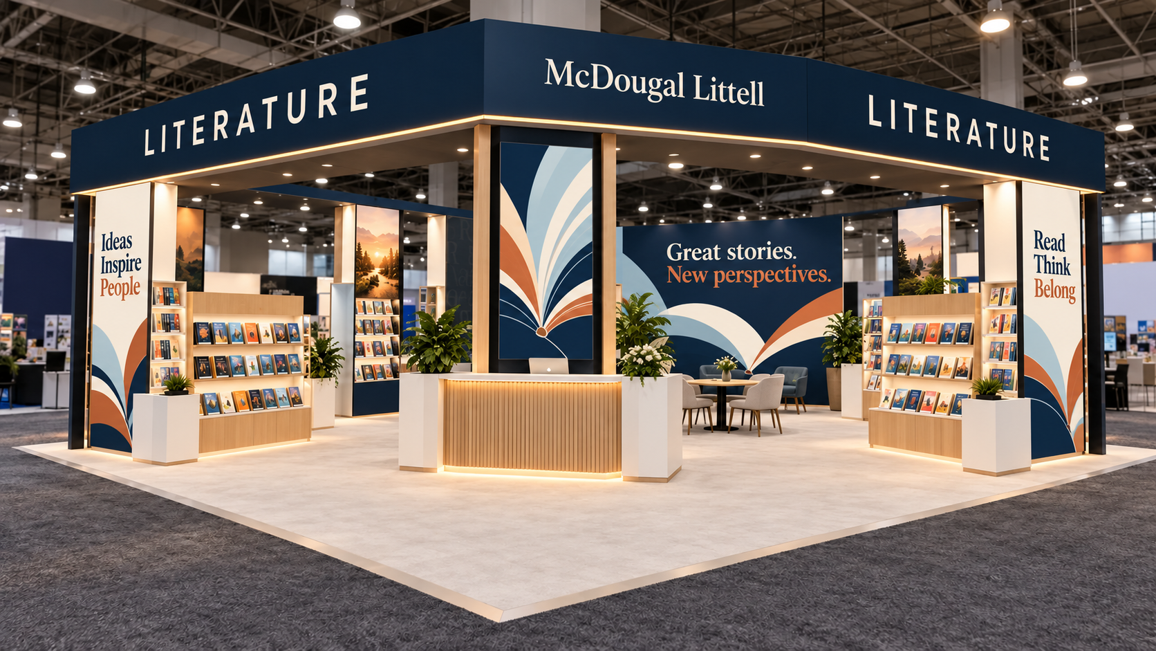 McDougal Littell literature island exhibit, experiential and trade show design: navy booth with a fanned-book graphic on the central tower and product shelving at the corners