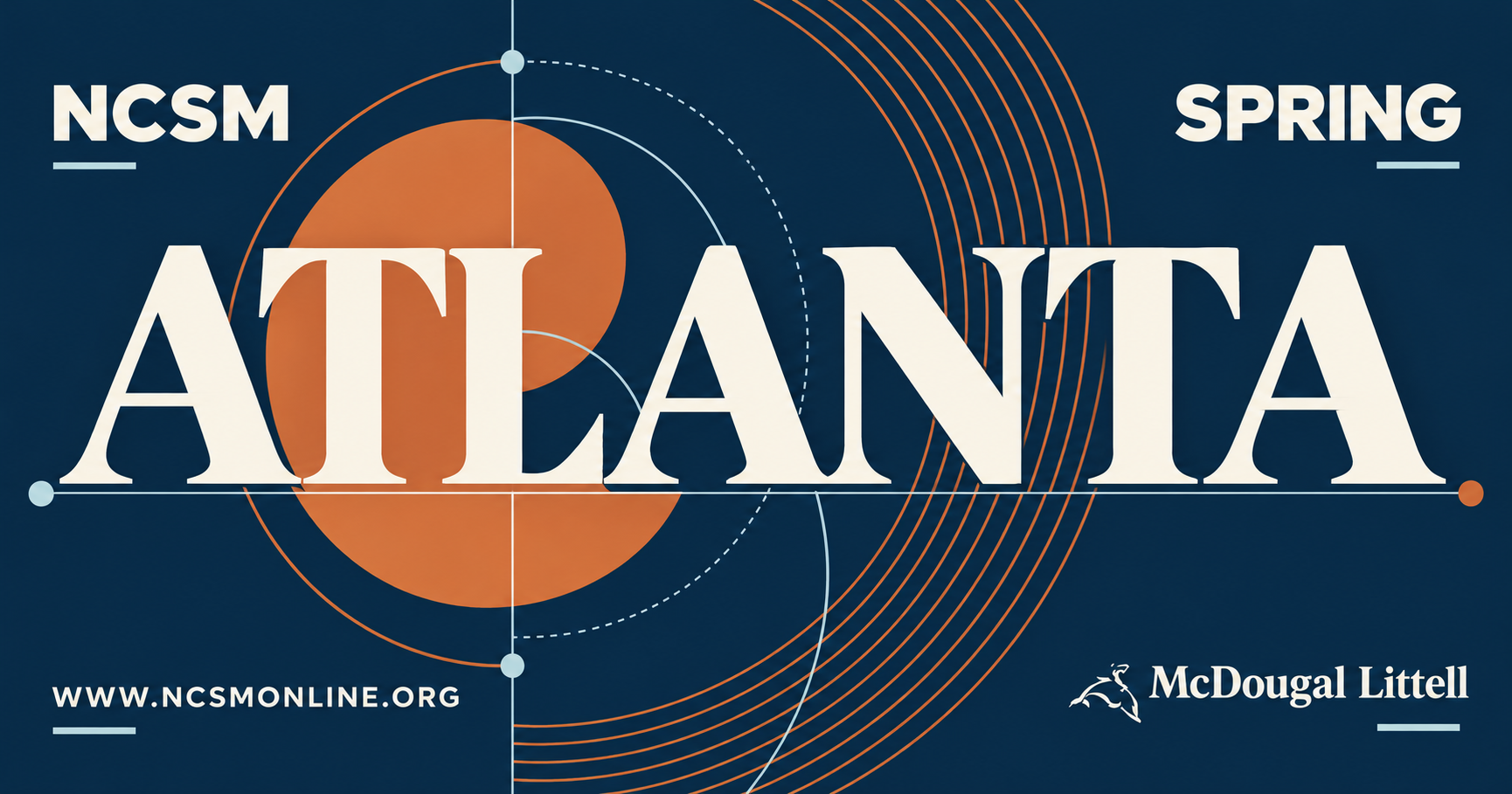 McDougal Littell conference banner for NCSM Atlanta, event graphic design: the city name built from compass arcs, triangles and a construction grid in navy, coral and lime