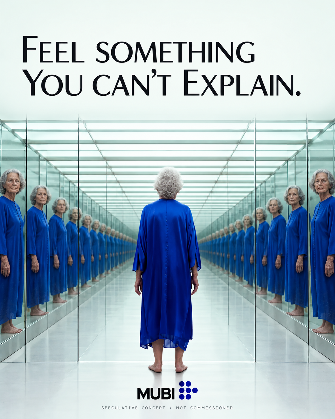 MUBI speculative poster: a woman in a cobalt robe standing in a long corridor of mirrors that repeat her reflection, headline “Feel something you can’t explain.”