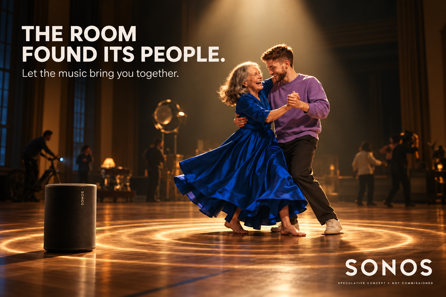 Sonos speculative landscape ad: a woman in a cobalt dress and a young man dancing on a wooden floor as sound rings spread from a speaker, headline “The room found its people.”
