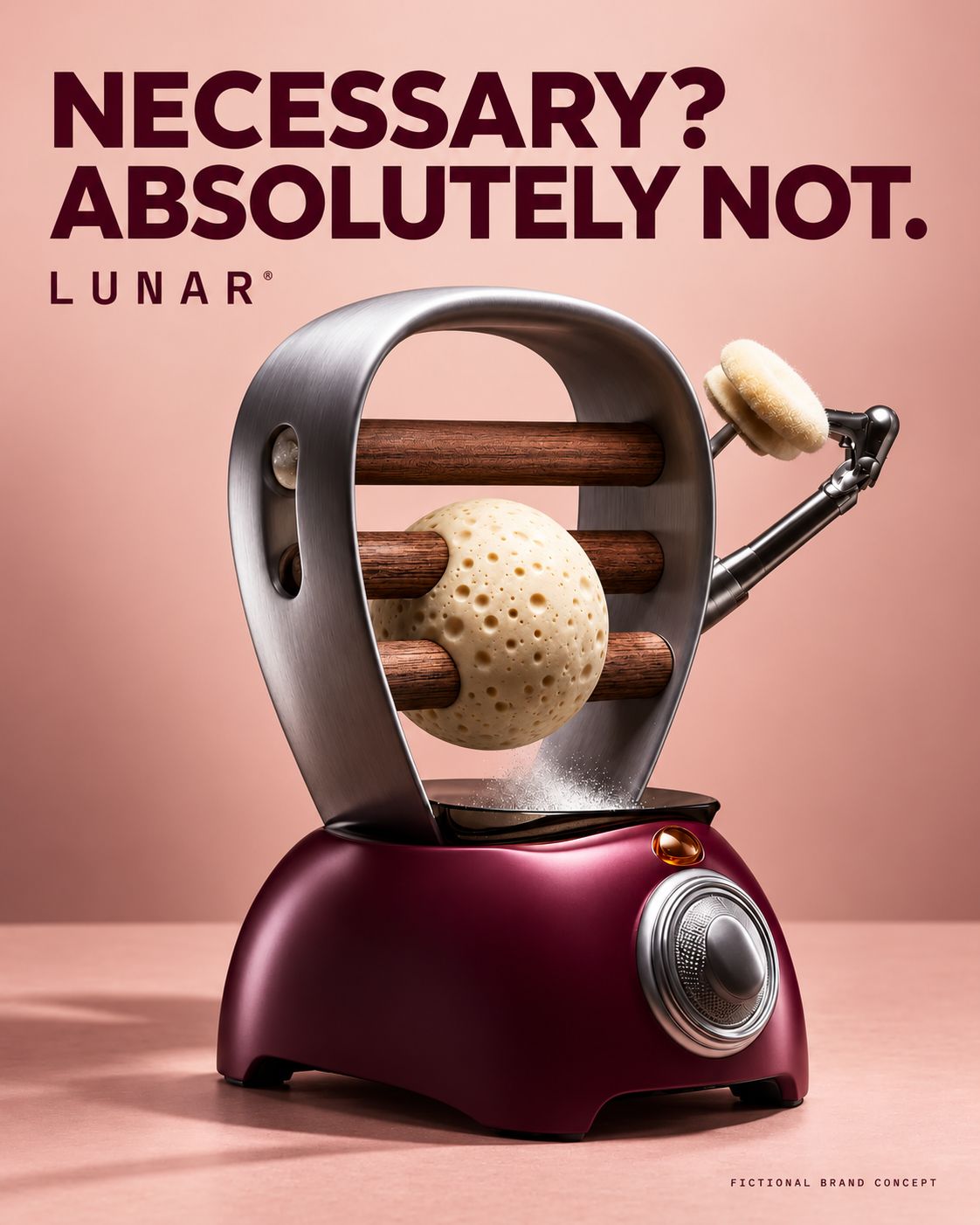 Poster for Lunar, a fictional luxury gadget: a sculptural steel and plum countertop device holding a small moon, headline “Necessary? Absolutely not.”