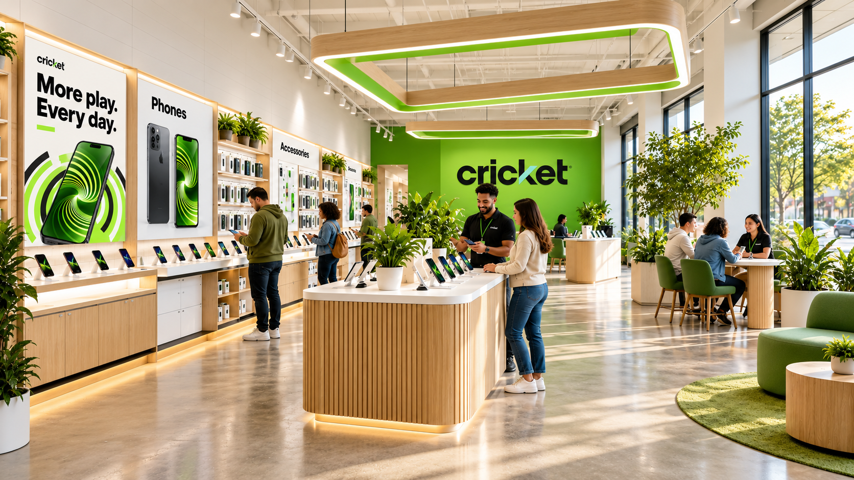 Cricket Wireless project supporting image: Store environment study: an airy showroom with green wayfinding and phone walls.