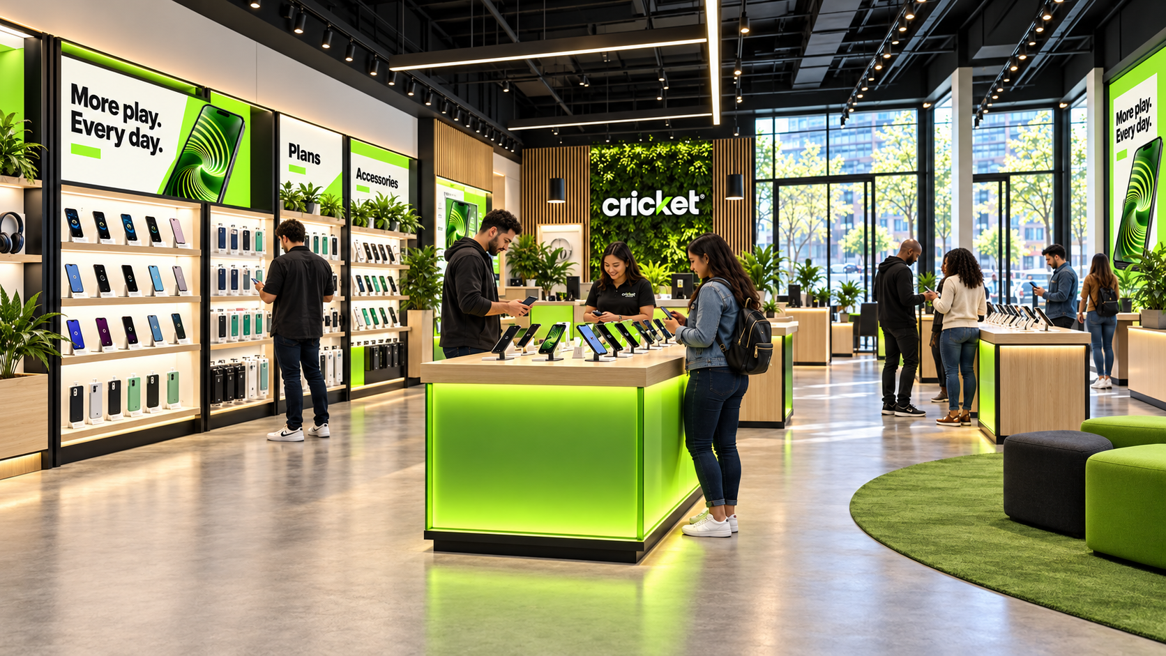 Cricket Wireless project supporting image: Flagship study: a lit green counter anchoring the sales floor.