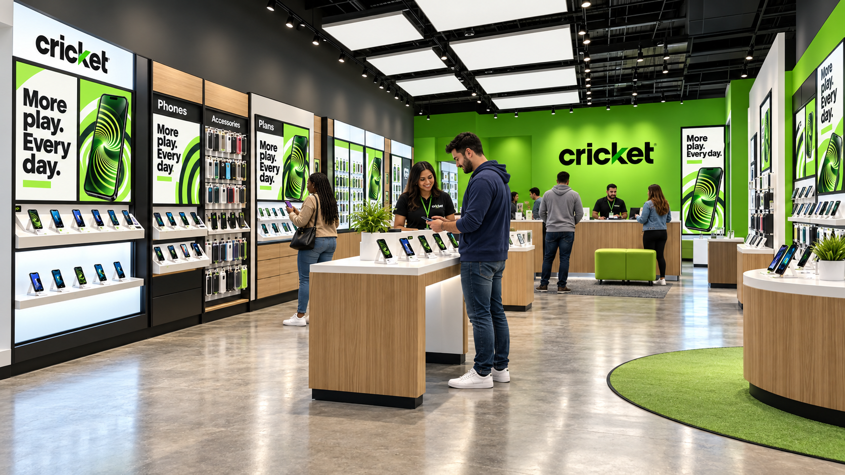Cricket Wireless project supporting image: Store interior study: lime-green fixtures and device tables under bright retail lighting.