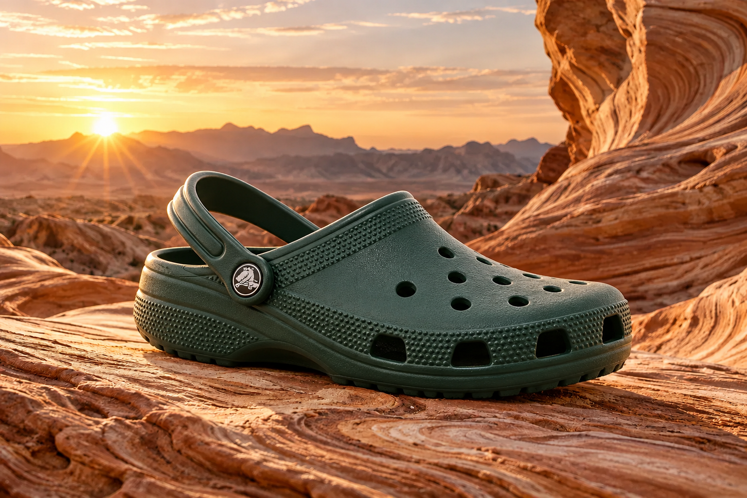 Crocs concept supporting image: Study: a ridge clog at desert sunrise.