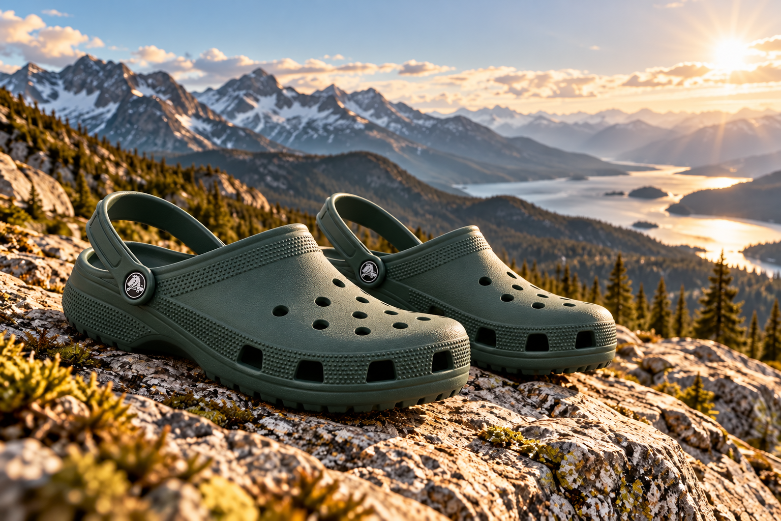 Crocs concept supporting image: Study: trail clogs on a granite ridge.