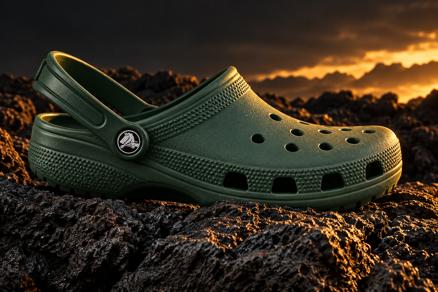 Crocs concept supporting image: Study: a rim-lit sculptural clog on volcanic stone.