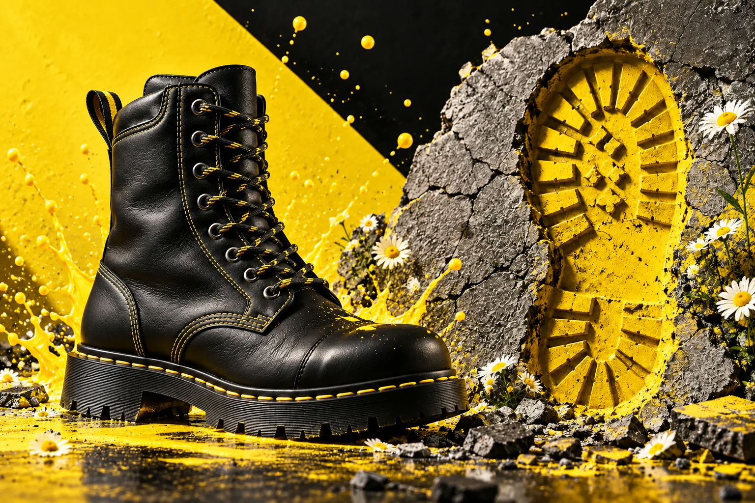 Dr. Martens concept supporting image: Study: the boot beside a sculptural yellow footprint.