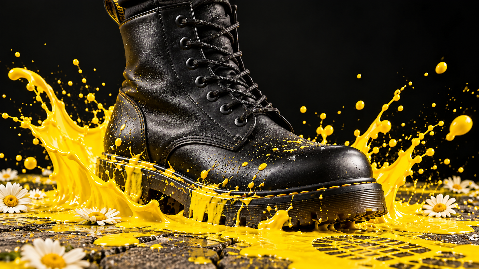 Dr. Martens concept supporting image: Study: the boot splashing through wet yellow paint.