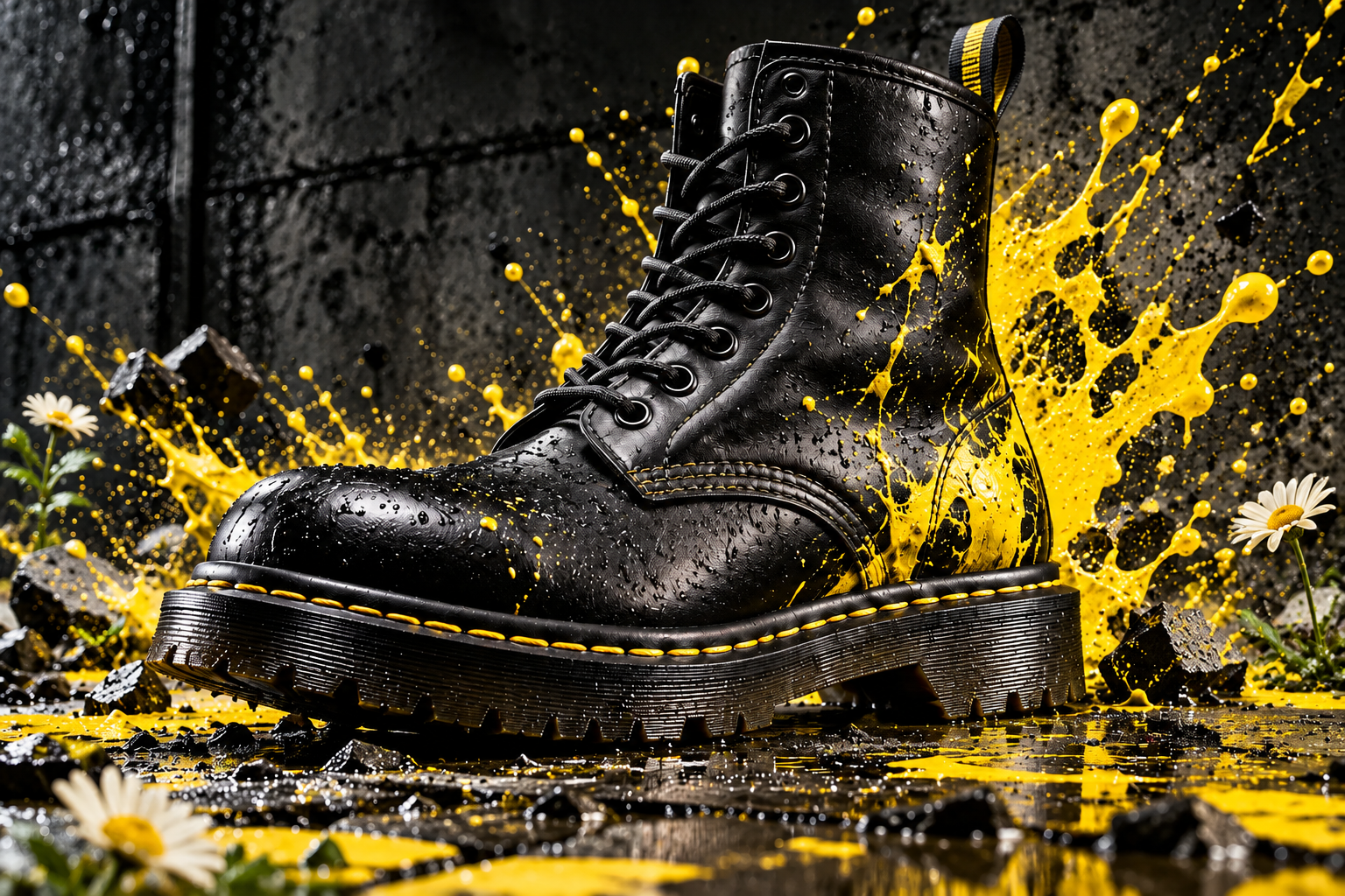 Dr. Martens concept supporting image: Study: the boot striking through yellow splashes.