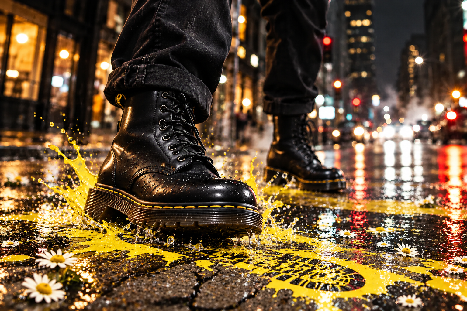Dr. Martens concept supporting image: Study: scuffed boots on rain-slick road lines.