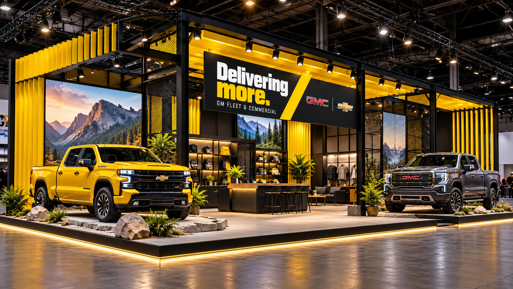 GM Fleet & Commercial project supporting image: Environment study: yellow fins framing two vehicles on the show floor.