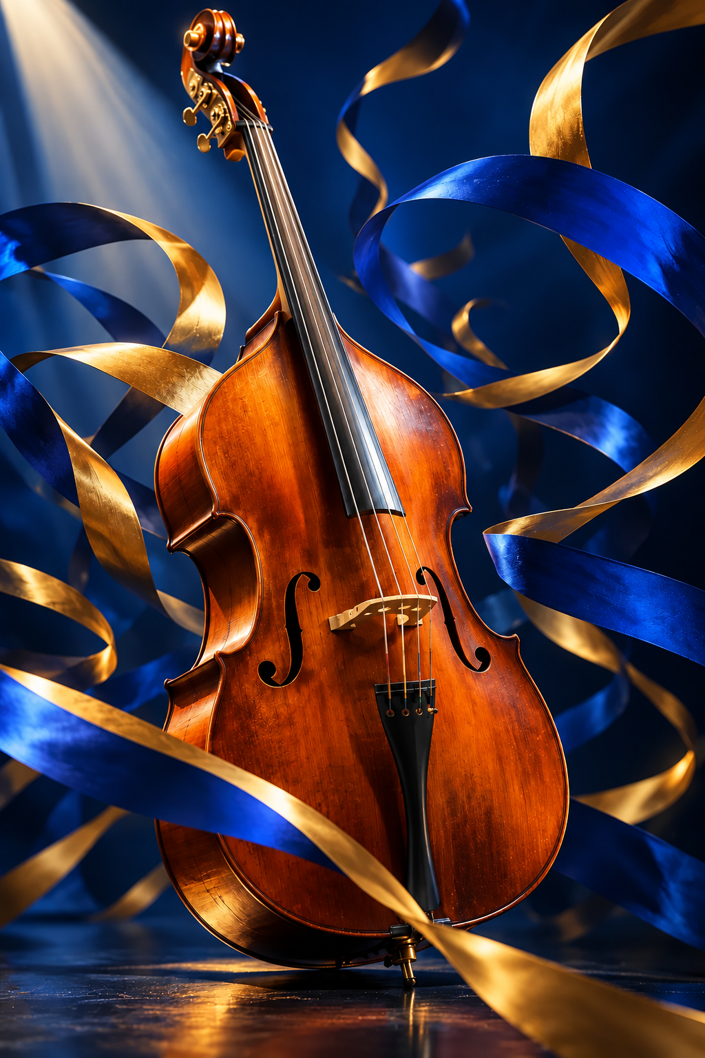 Chicago Symphony Orchestra project supporting image: Study: a spotlit double bass wrapped in cobalt ribbons.