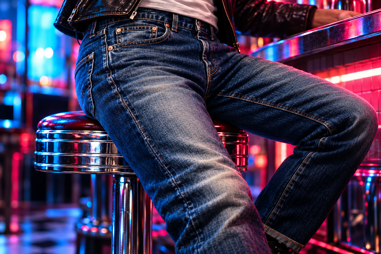 Levi's 501® Originals concept supporting image: Mood study: worn denim in cobalt diner light.