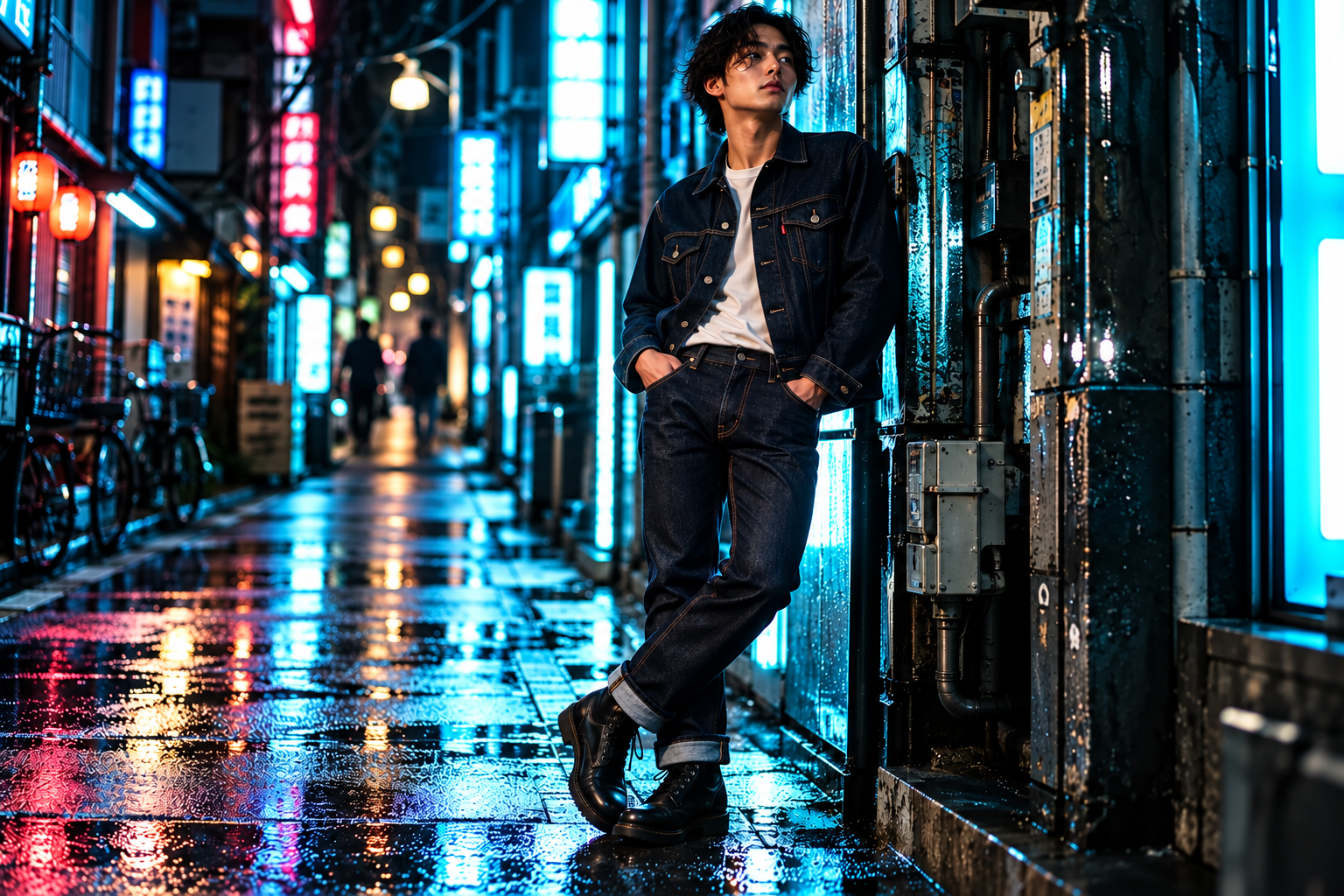 Levi's 501® Originals concept supporting image: Mood study: denim glowing on a rain-soaked Tokyo street.