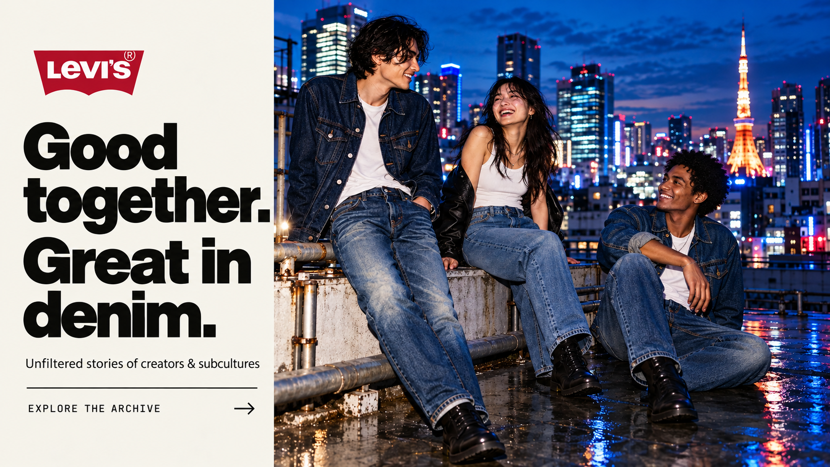 Levi's 501® Originals concept supporting image: Mood study: friends in 501s on a rooftop at blue hour.