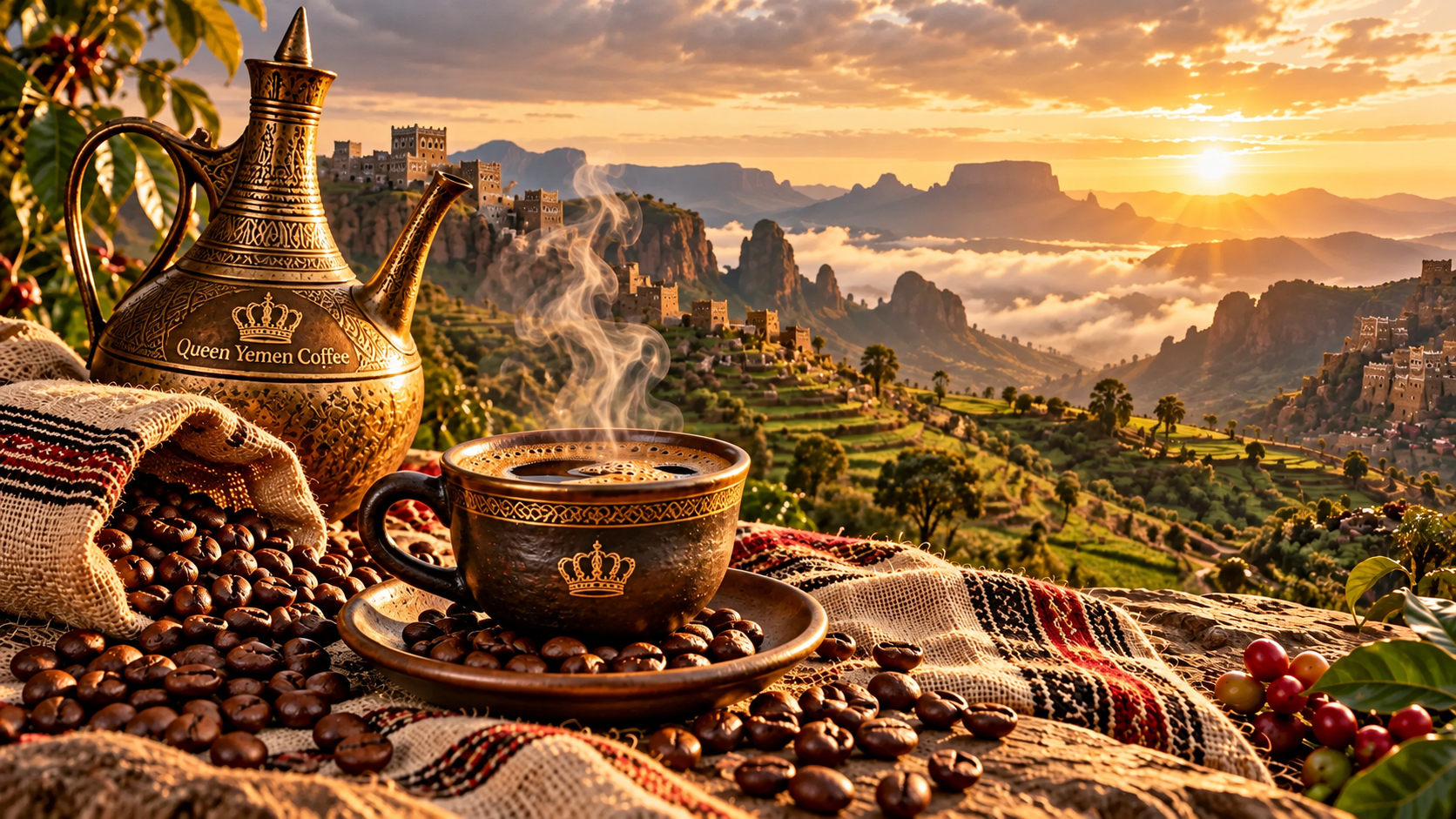 Queen Yemeni Coffee concept supporting image: Mood study: a golden coffee morning over the highlands.