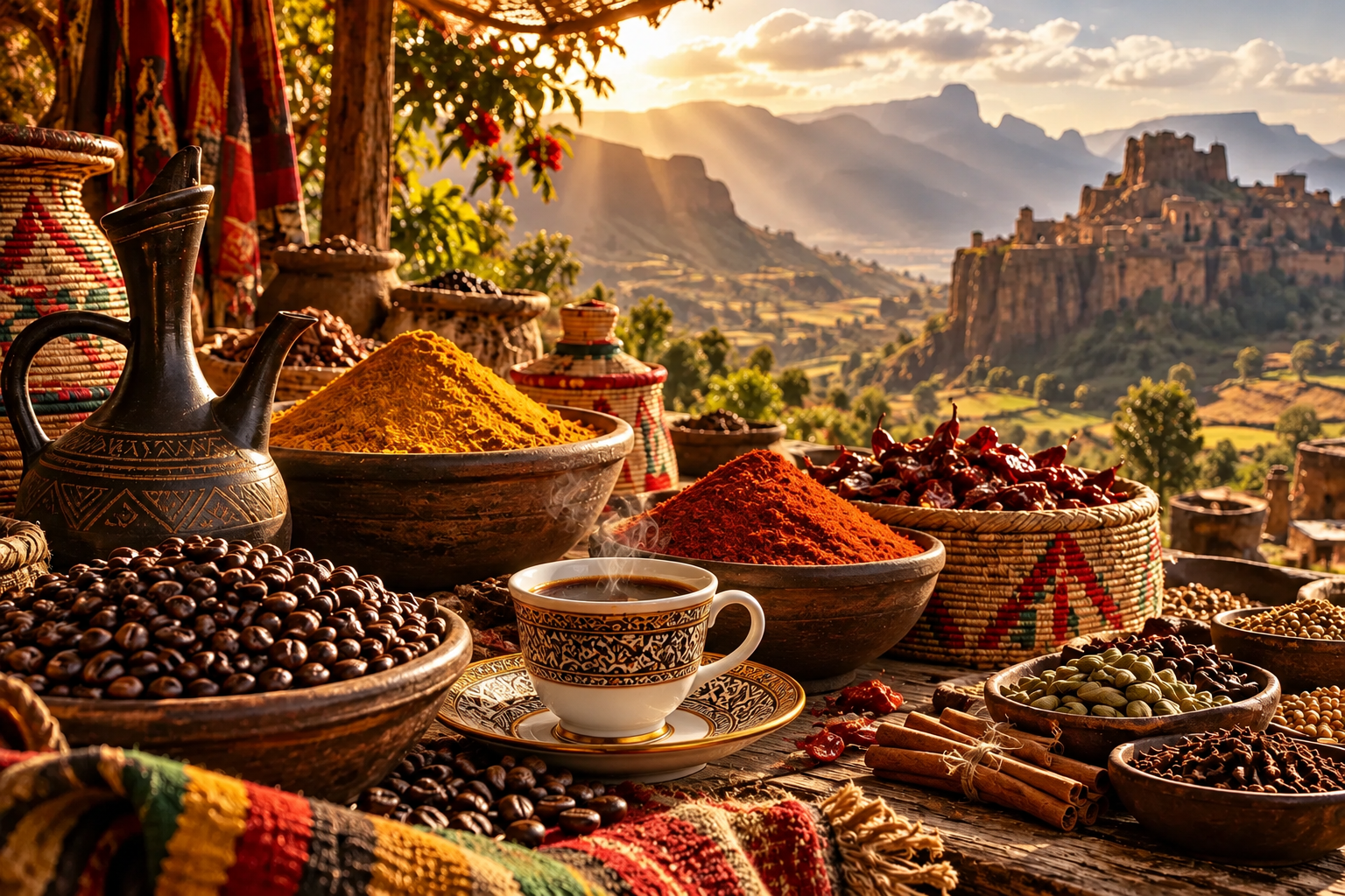 Queen Yemeni Coffee concept supporting image: Mood study: spices and beans in amber market light.