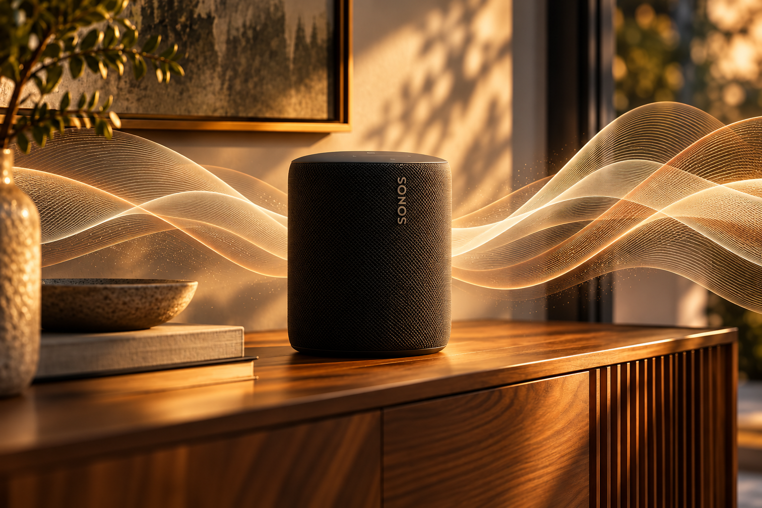 Sonos concept supporting image: Study: amber sound ribbons in a living room.