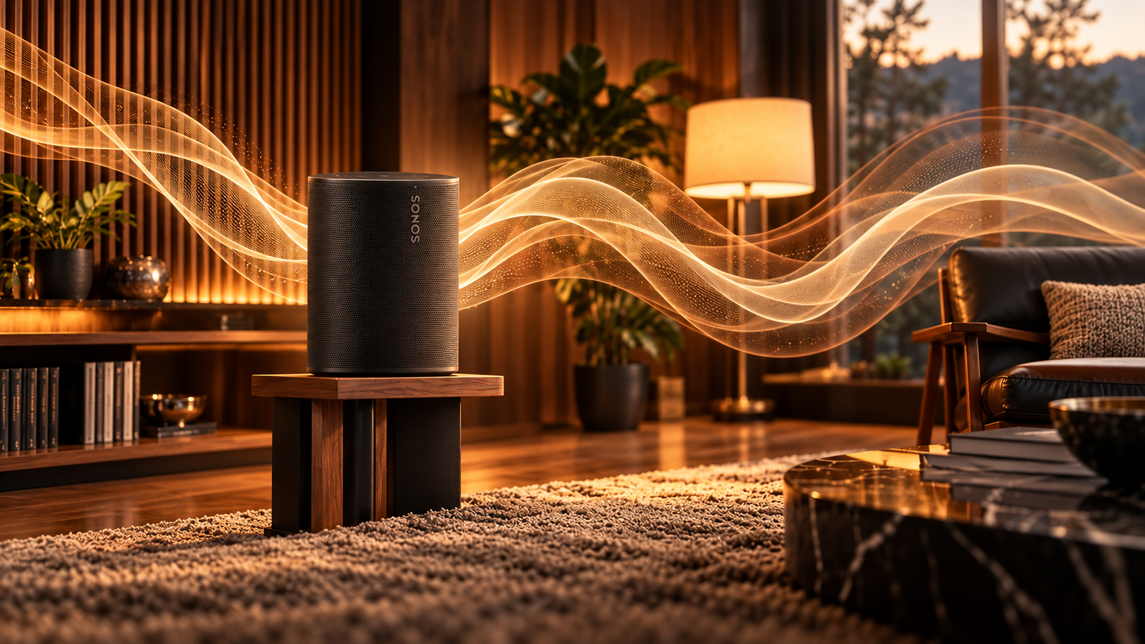 Sonos concept supporting image: Study: a walnut room filled with warm sound waves.