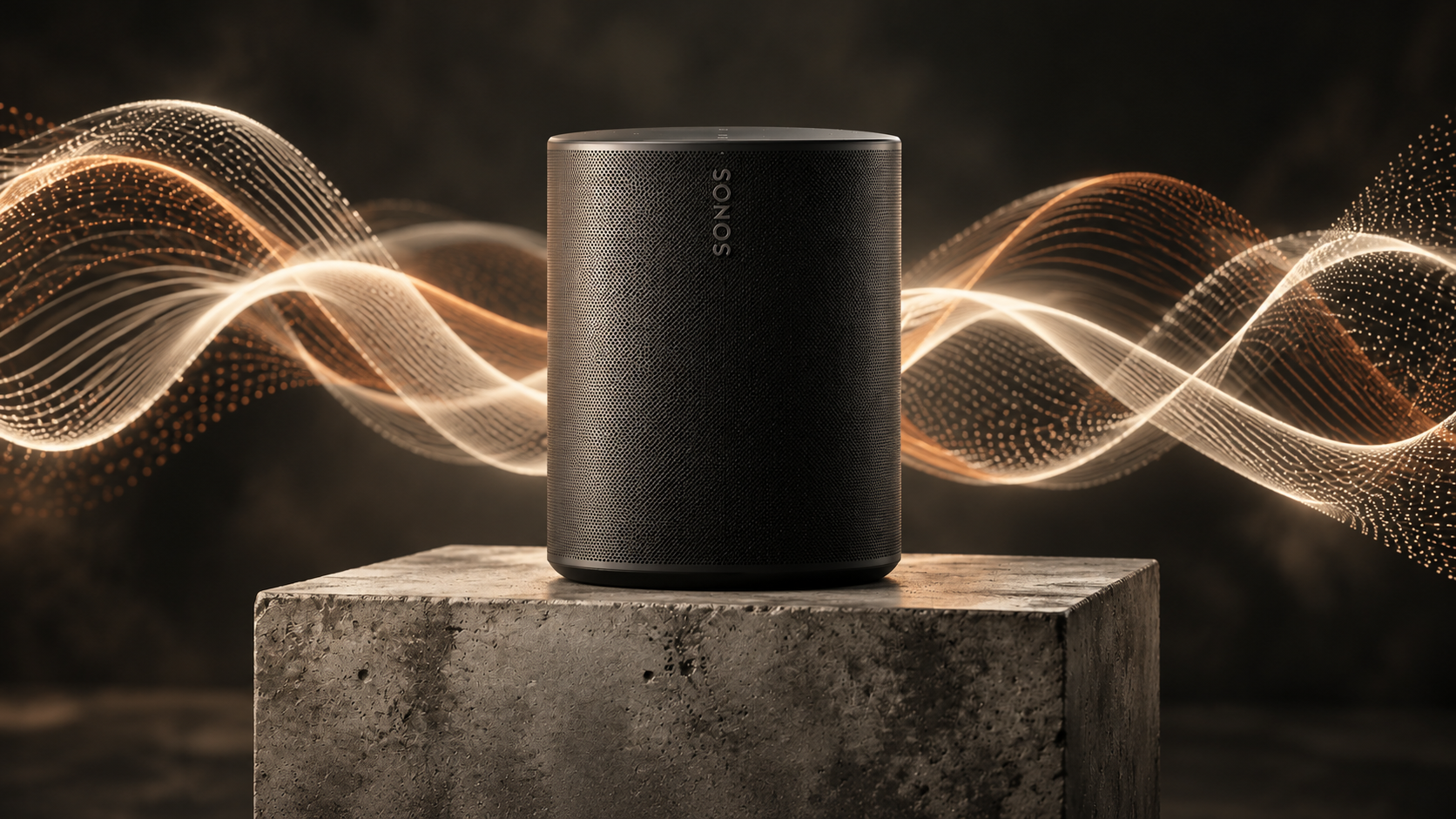 Sonos concept supporting image: Study: a charcoal speaker with an electric-blue waveform.