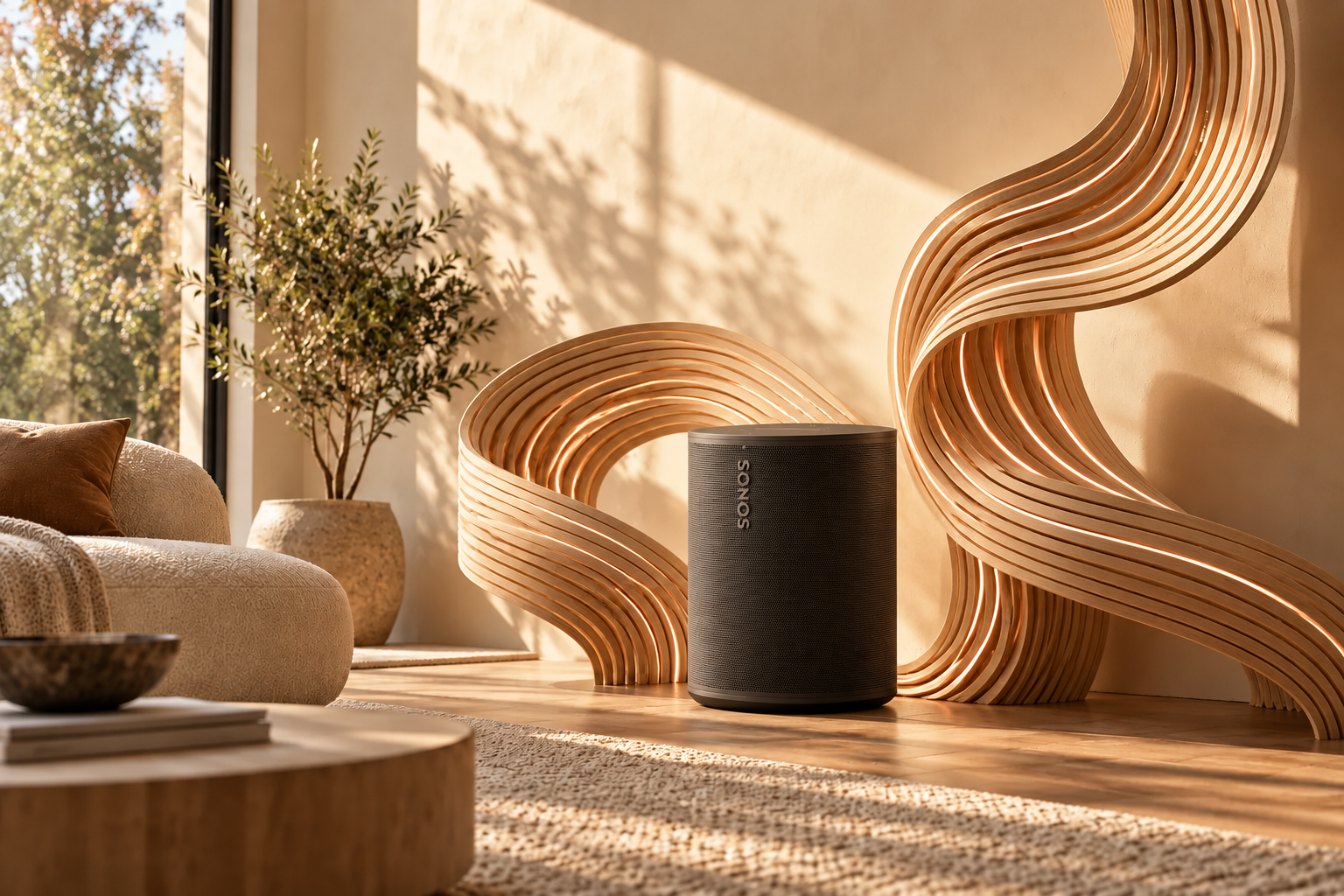 Sonos concept supporting image: Study: bent-wood ribbons around a black speaker.
