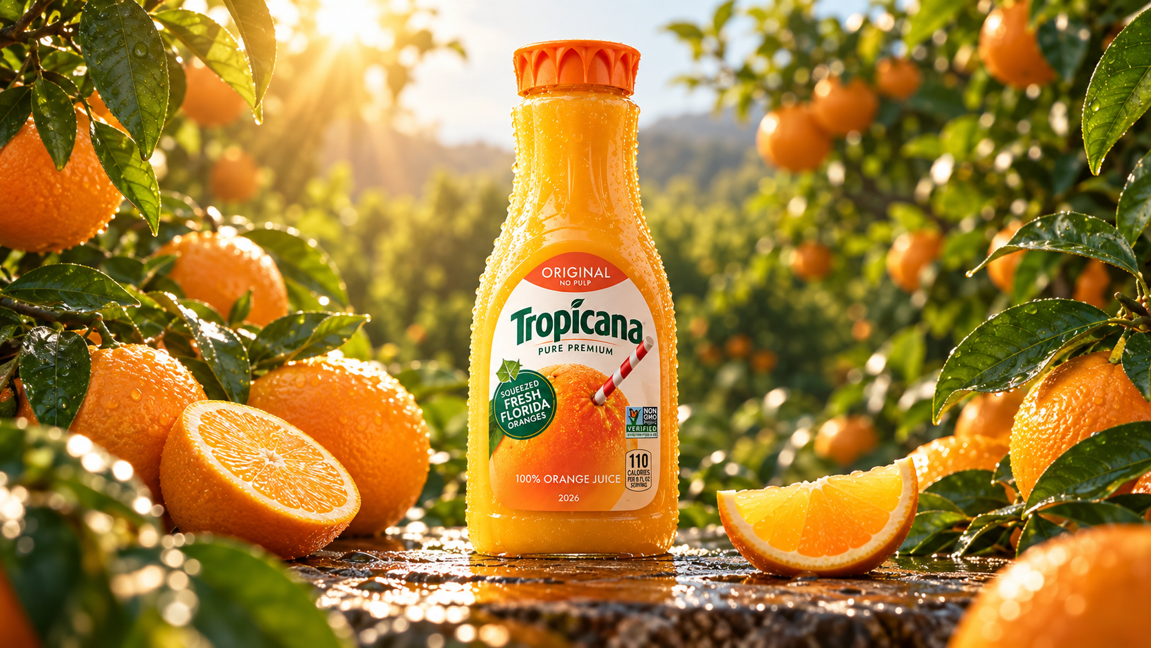 Tropicana Pure Premium project supporting image: Product study: sunlit bottle among oranges on the branch.